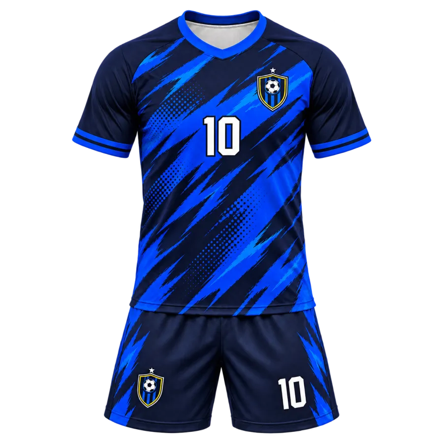 Navy and bright blue custom soccer jersey set featuring dynamic brush-stroke graphics, team crest, number 10, and matching shorts.