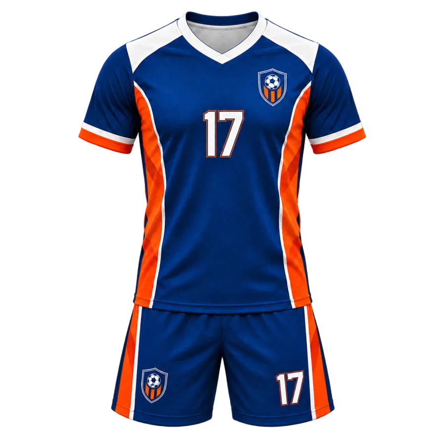 Blue custom soccer jersey and shorts with orange and white side panels, V-neck collar, team crest, and number 17.