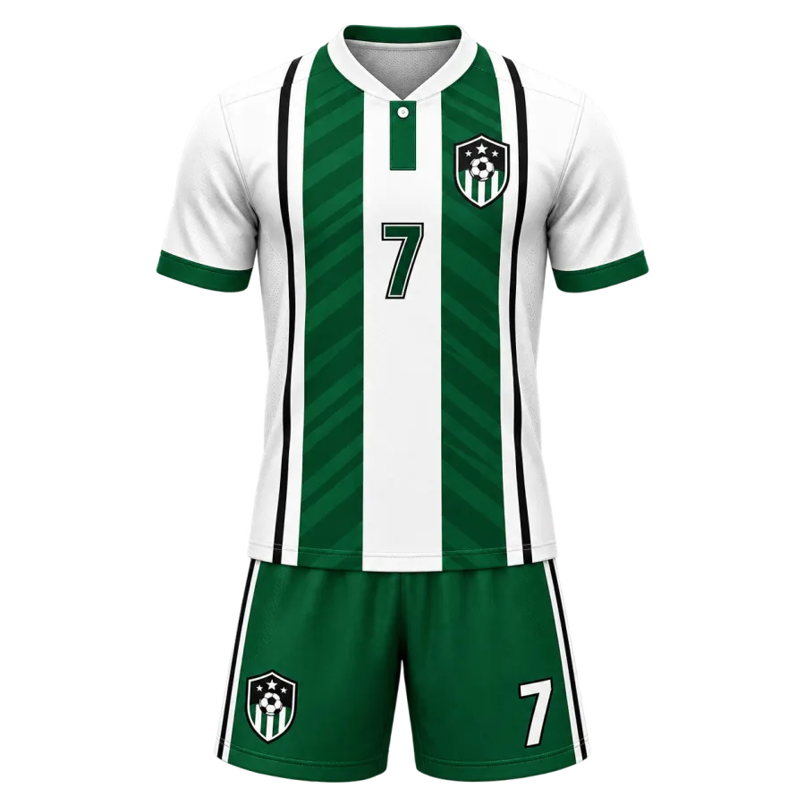 Green and white striped custom soccer jersey with button polo collar, team crest, number 7, and matching green shorts.