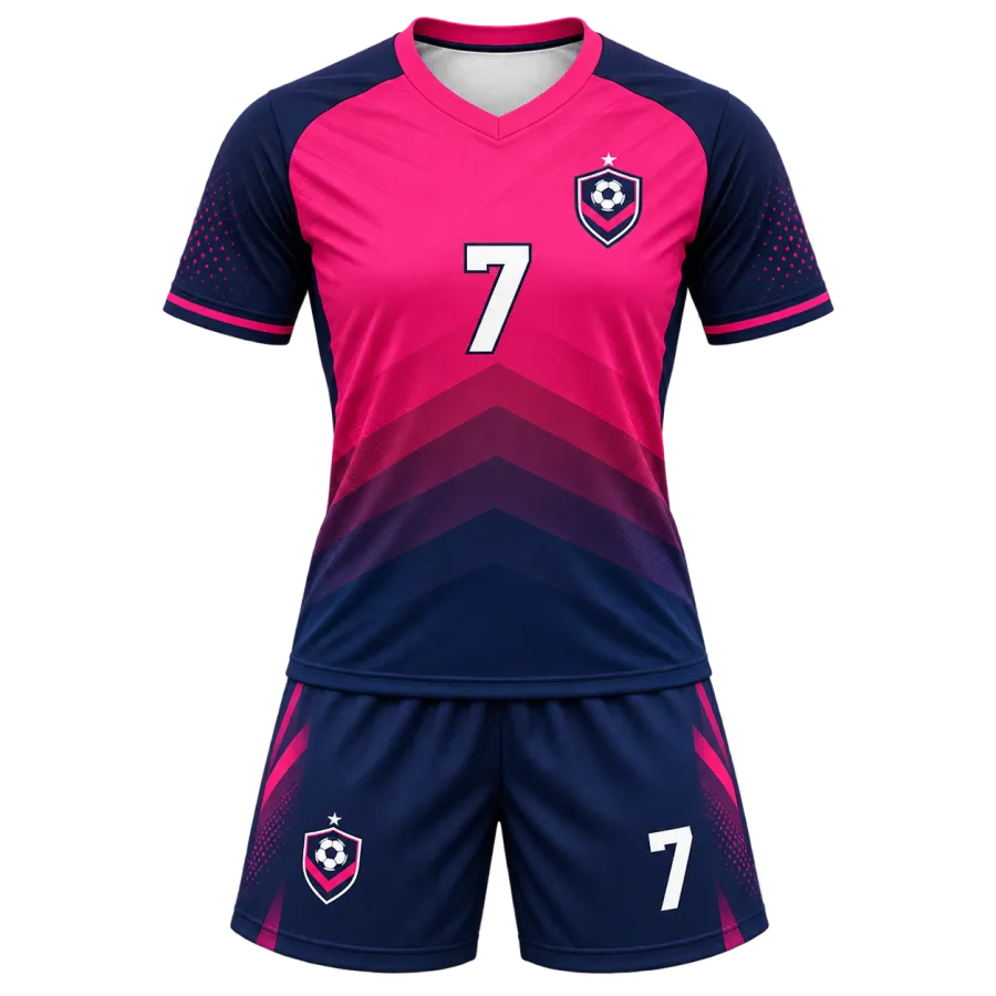 Pink and navy custom soccer jersey set with gradient chevron graphics, V-neck collar, team crest, number 7, and matching shorts.