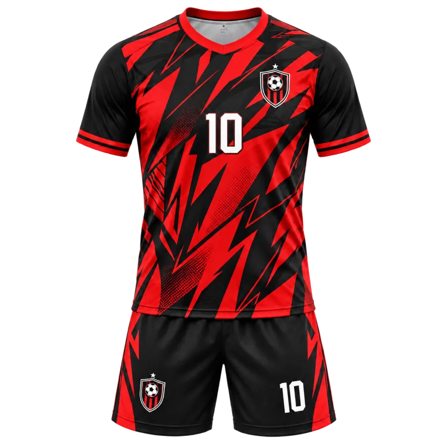 Red and black custom soccer jersey set with bold lightning graphics, team crest, number 10, and matching shorts.