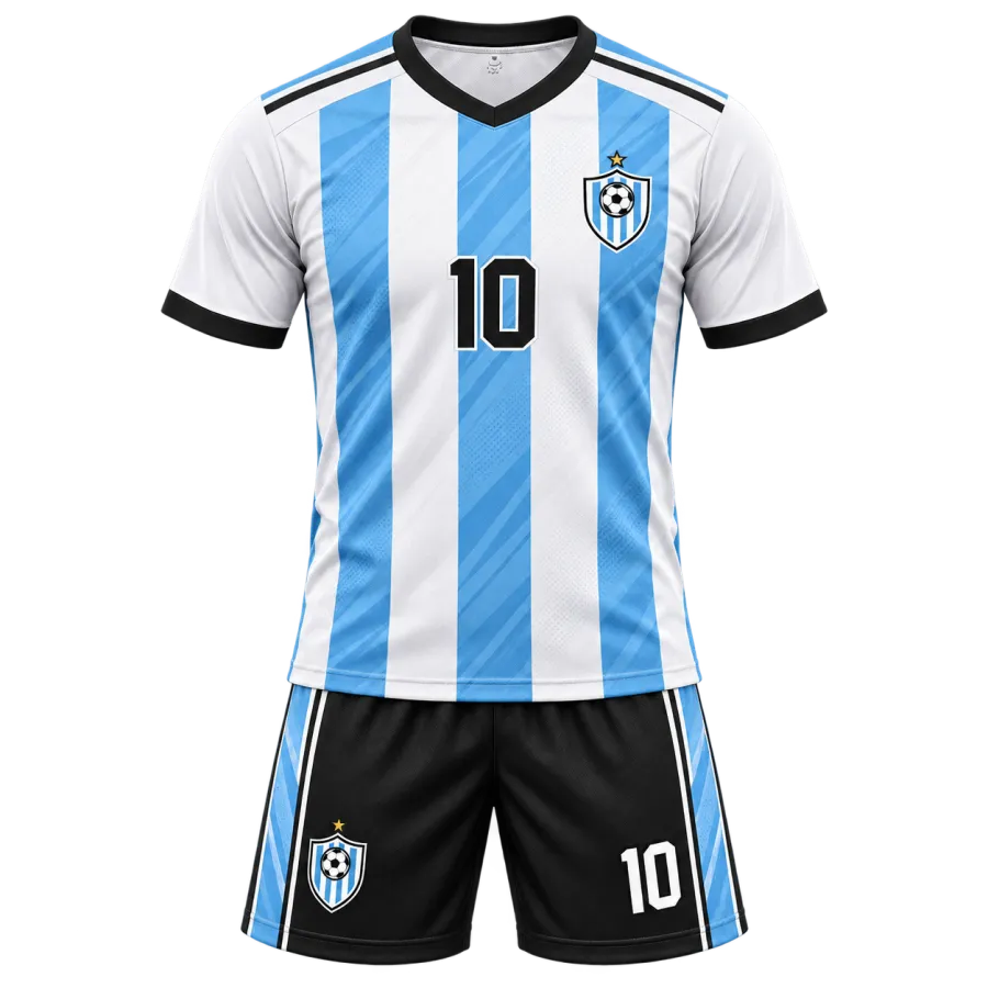 Sky blue and white striped custom soccer jersey with black trim, team crest, number 10, and matching black shorts.
