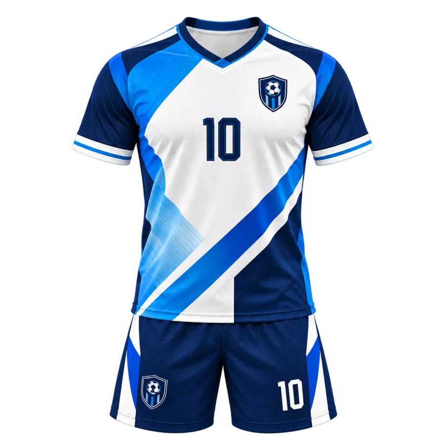 White and blue custom soccer jersey set with angular geometric panels, V-neck collar, team crest, number 10, and matching shorts.