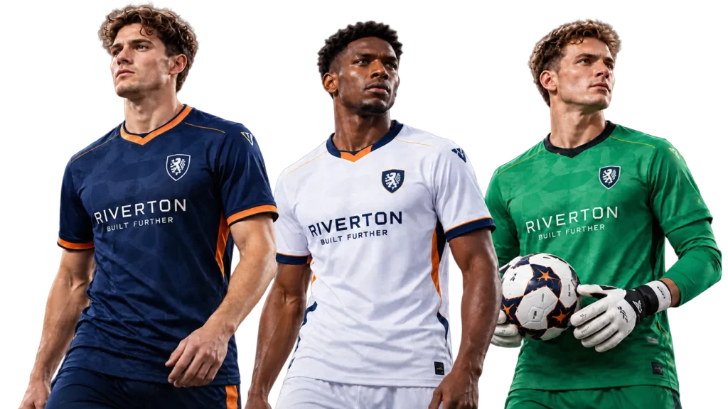 Three soccer players wearing custom soccer jerseys in navy, white, and green, including a goalkeeper holding a soccer ball and displaying team logos and sponsor graphics.