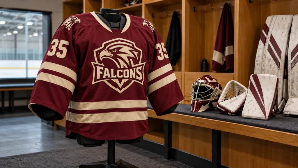 Burgundy custom goalie cut hockey jersey displayed over bulky goalie chest protection in a locker room, with matching helmet, blocker, catcher, and leg pads nearby.