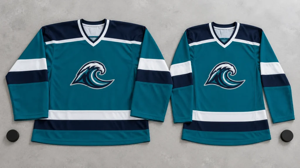 Two teal hockey jerseys displayed side by side, showing the wider goalie cut jersey compared with a slimmer standard player hockey jersey.