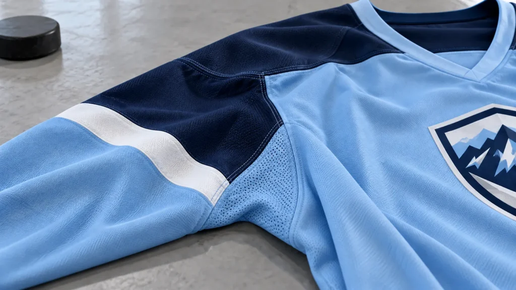 Close-up of a blue hockey jersey showing reinforced shoulder panels, sleeve construction, breathable mesh fabric, and detailed stitching.