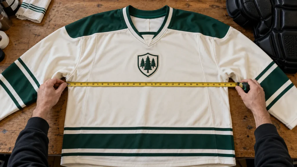 White and green hockey jersey laid flat on a worktable while its chest width is measured with a tape measure for hockey jersey sizing and fit.