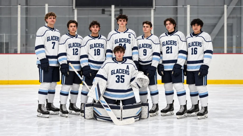 Youth hockey team posing together on the ice in matching white and navy custom hockey jerseys, with the goalie wearing full protective equipment in front.