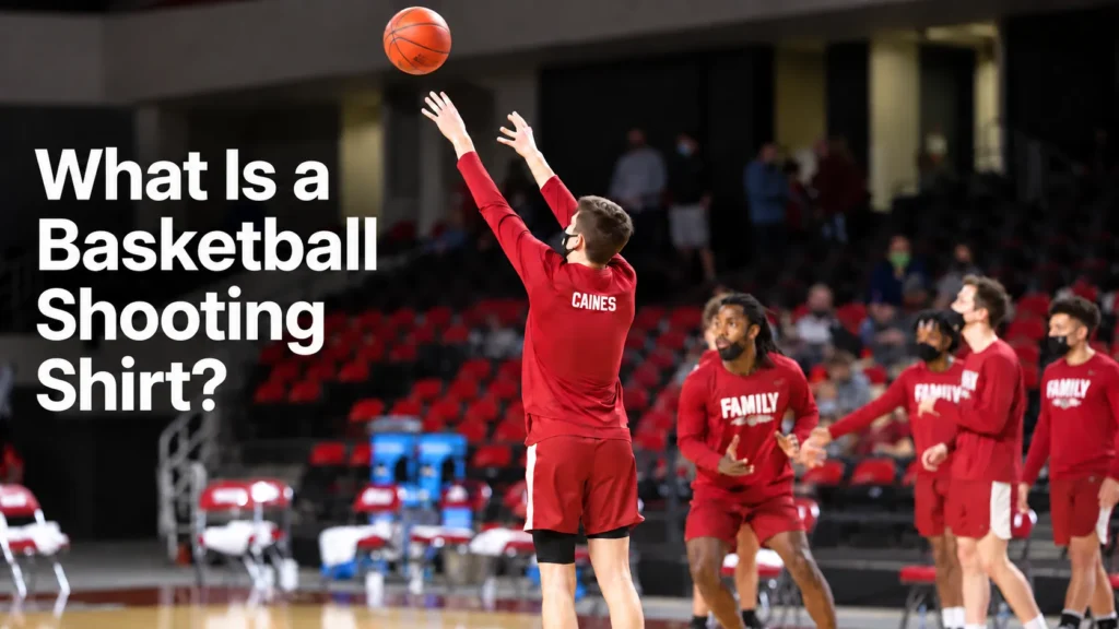 Basketball player taking a warm-up shot while wearing a red long-sleeve basketball shooting shirt, with teammates warming up in the background.
