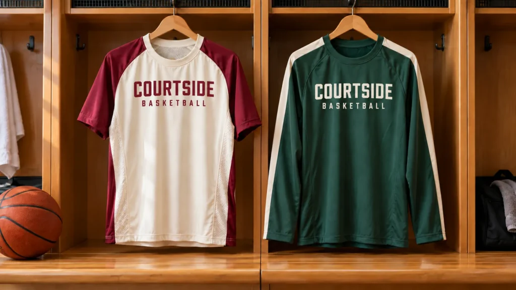 Short-sleeve and long-sleeve basketball shooting shirts displayed side by side in a locker room, showing two warm-up apparel options.
