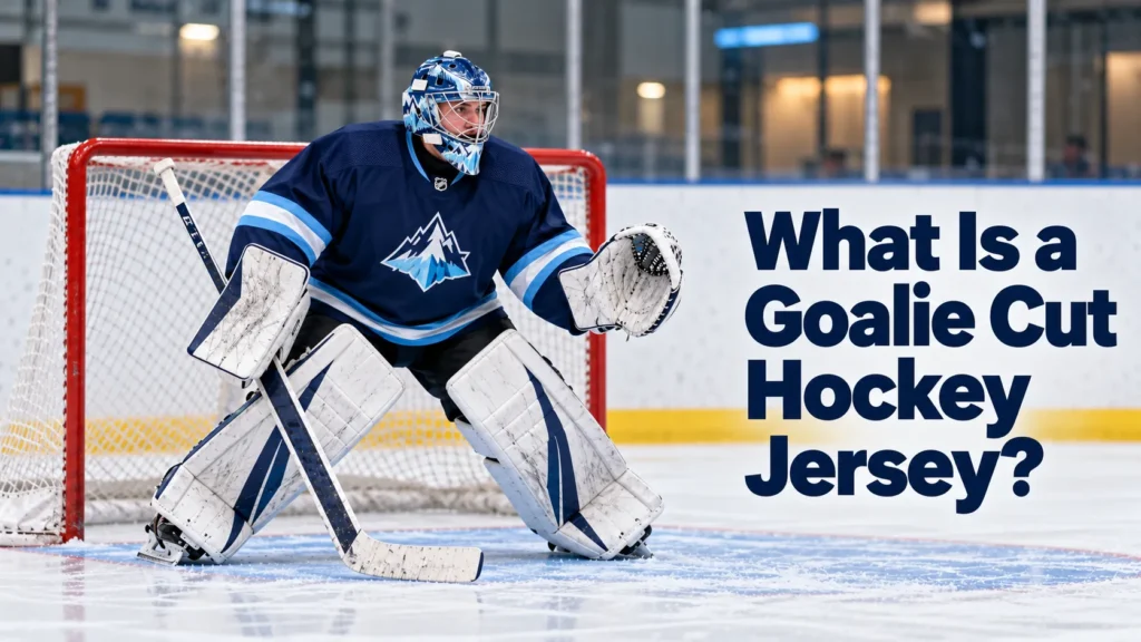 Ice hockey goalie standing in front of the net wearing a loose navy goalie cut hockey jersey with full goalie pads, blocker, glove, helmet, and stick.