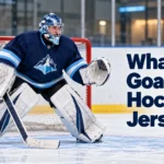 Ice hockey goalie standing in front of the net wearing a loose navy goalie cut hockey jersey with full goalie pads, blocker, glove, helmet, and stick.